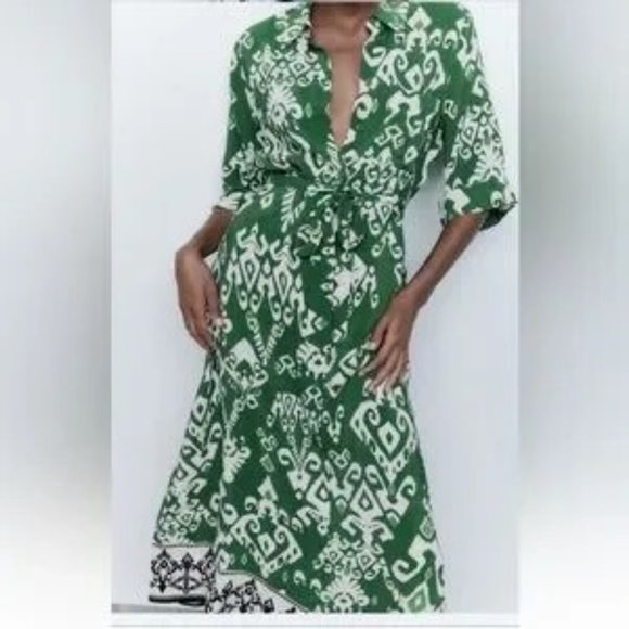 Zara Belted Printed Green Short Sleeves Button Front Midi Shirt Dress Size S - Picture 4 of 10